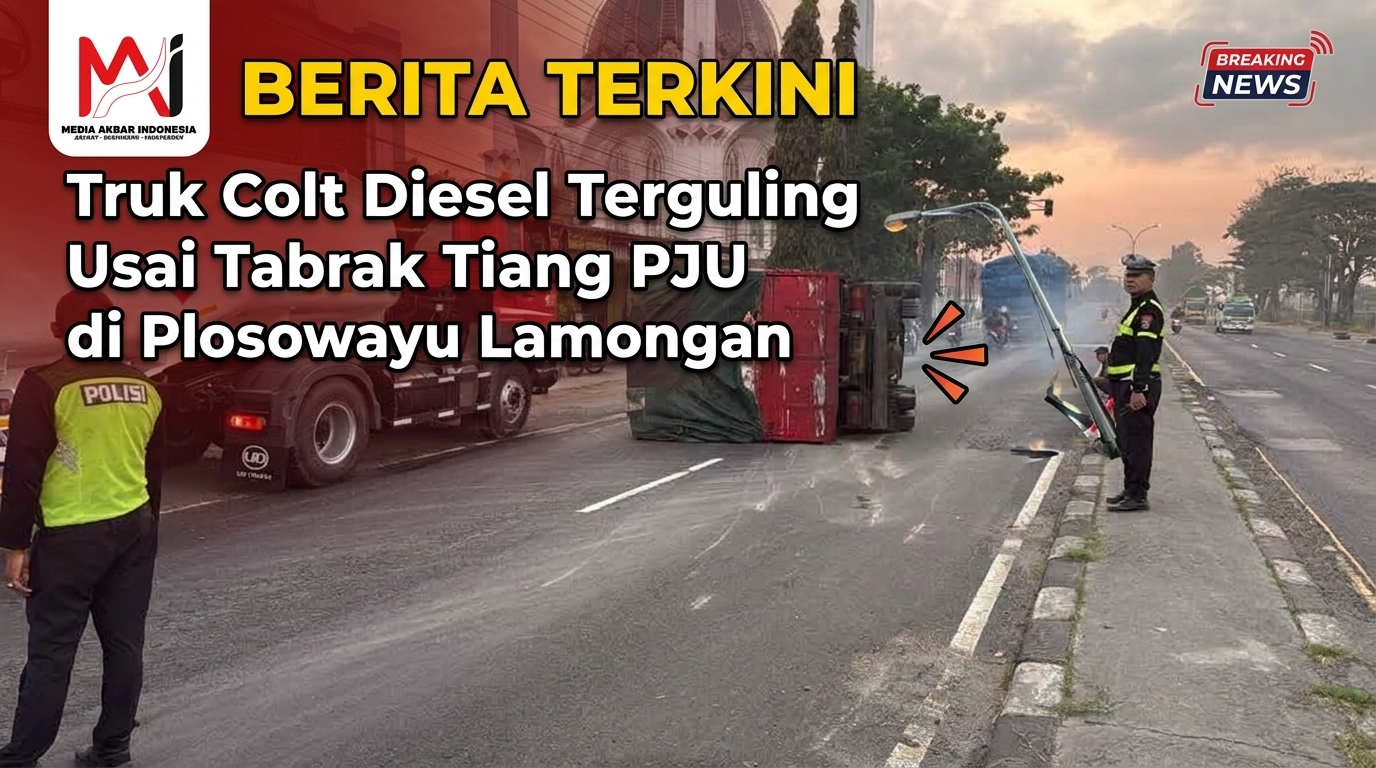 Truk Colt Diesel Terguling Usai Tabrak Tiang PJU di Plosowayu Lamongan.jpg